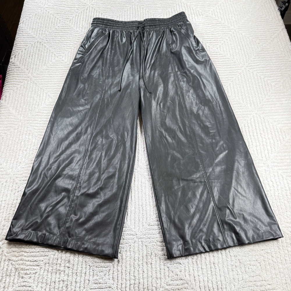 Faux Leather Wide Leg Pants Womens L Black Edgy Goth Matrix Biker Night Out Chic